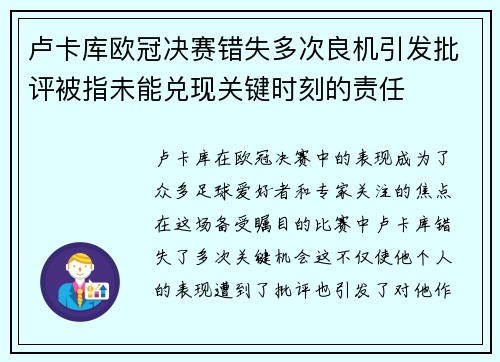 卢卡库欧冠决赛错失多次良机引发批评被指未能兑现关键时刻的责任