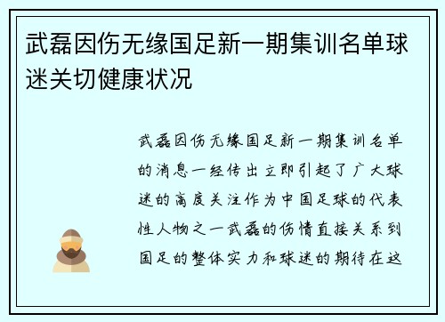 武磊因伤无缘国足新一期集训名单球迷关切健康状况 武磊因伤无缘国足新一期集训名单球迷关切健康状况